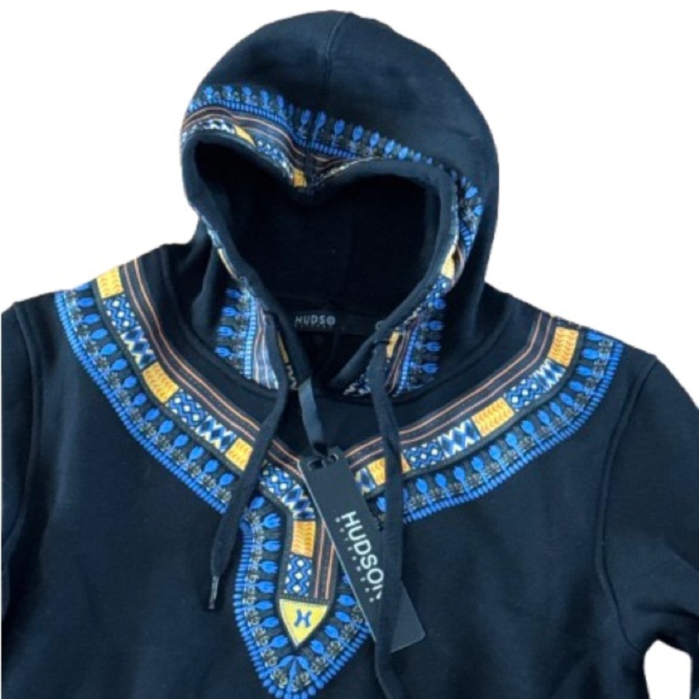 Stylish Black and Blue Men's Hoodie with Yellow tribal Accents Small - Picture 3 of 10